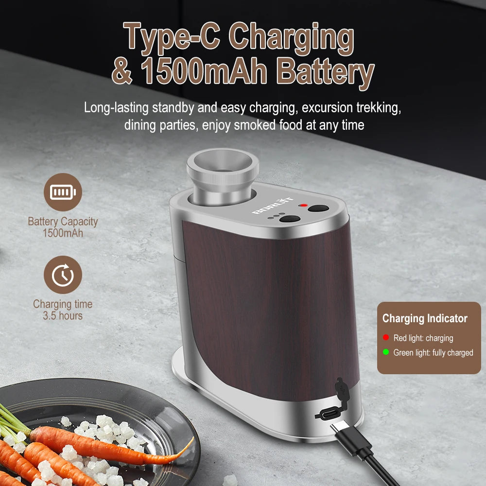 BORUiT BQ500 New Portable Food Cold Smoke Generator USB Rechargeable Molecular Cuisine Smoking Gun Meat Burn Cooking for BBQ