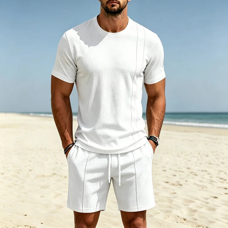 2026 New Men Waffle Knit 2 Piece Outfit Round Neck Short Sleeve Tee Drawstring Shorts Summer Casual Matching Set