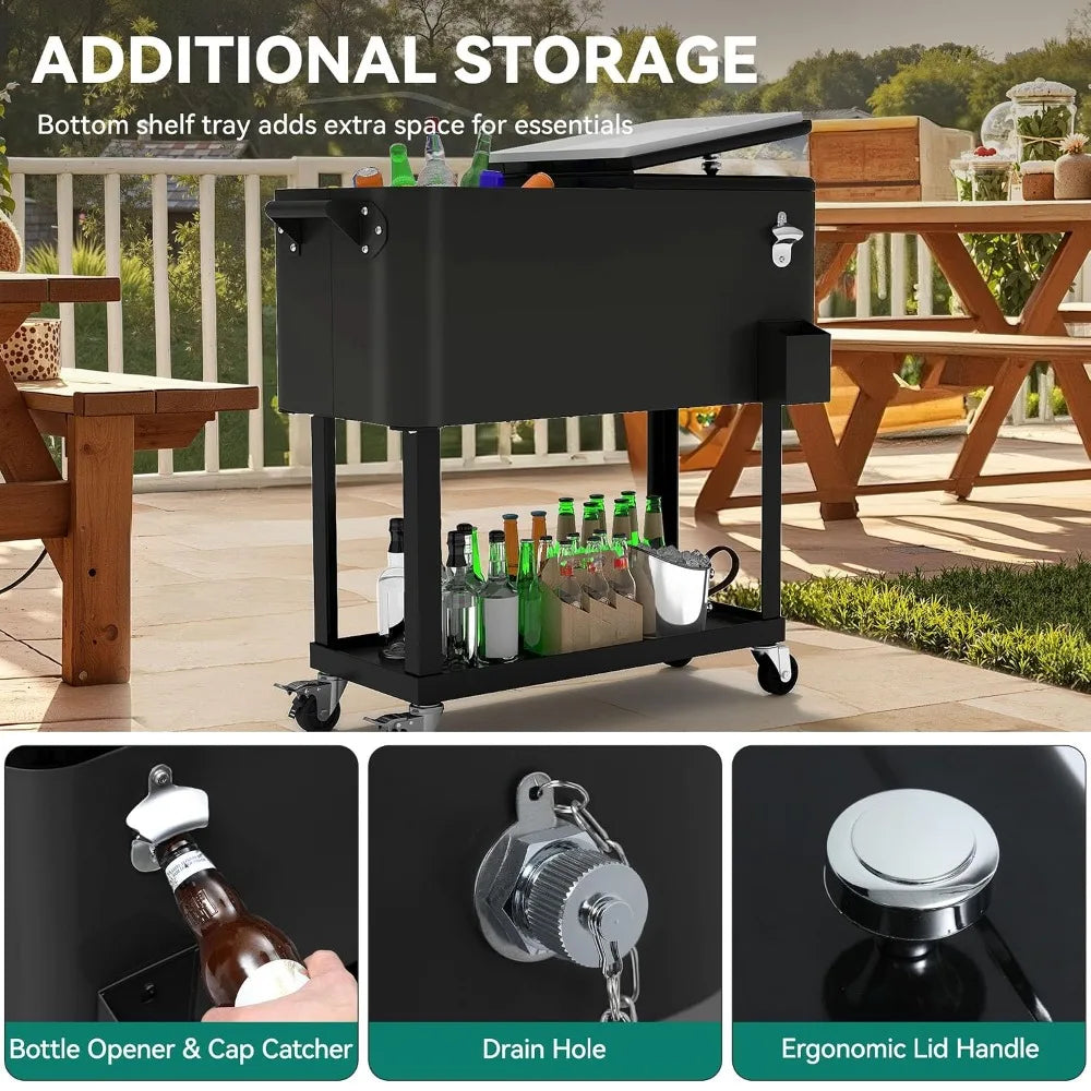 Portable Wheeled Patio Cooler Cart,Bottle Opener & Drainage,Outdoor Beverage Ice Chest, Custom