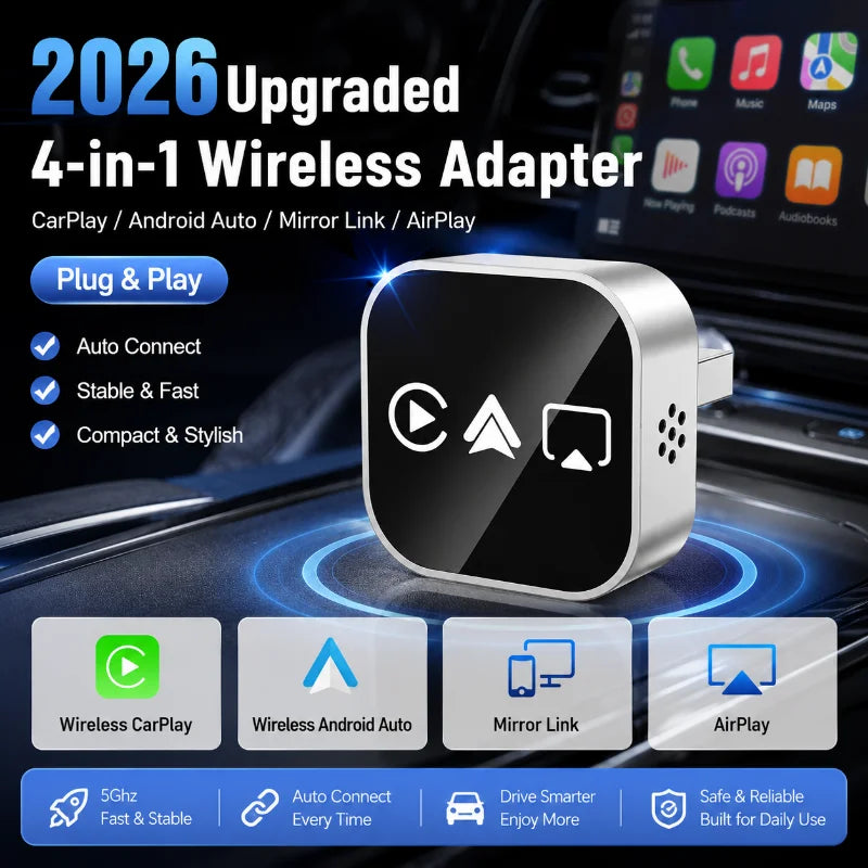 Mini 4-in-1 Wireless CarPlay Dongle 2026 New Upgrade Convert Wired To Wireless Android Auto AirPlay Mirror Link USB Plug & Play
