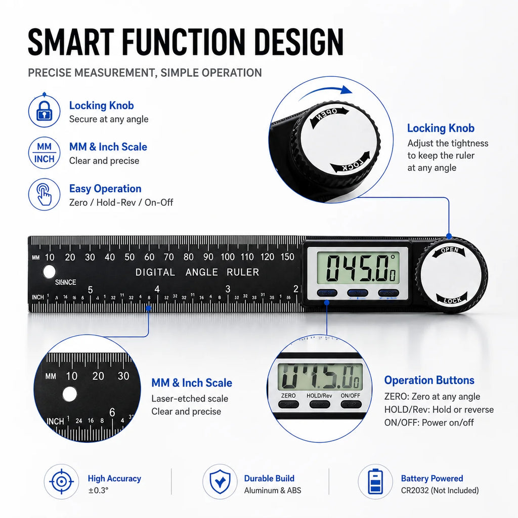 2 in 1 Digital Angle Detector, 360° High Accuracy Angle Finder Ruler, Woodworking Measurement Tool, Multifunction Level Gauge