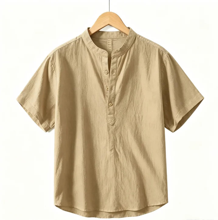 2026 summer cross-border men cotton and polyser stand collar short sleeved shirt loose casual Henley shirt for men