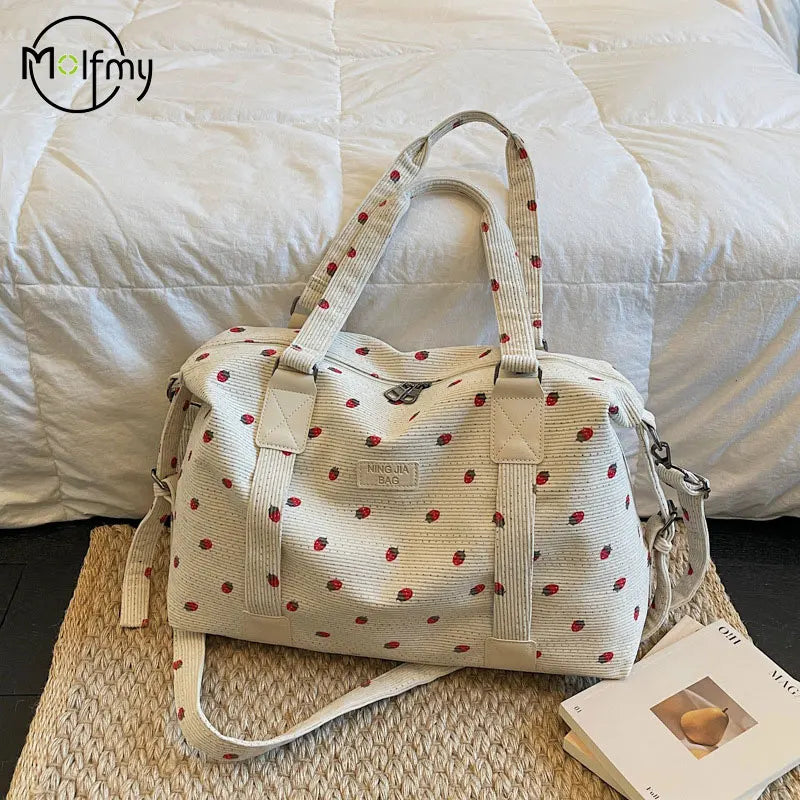 Corduroy Travel Tote Bag Large Capacity Strawberry Travel Handbag with Shoe Compartment Sports Fitness Bag for Women Droshipping