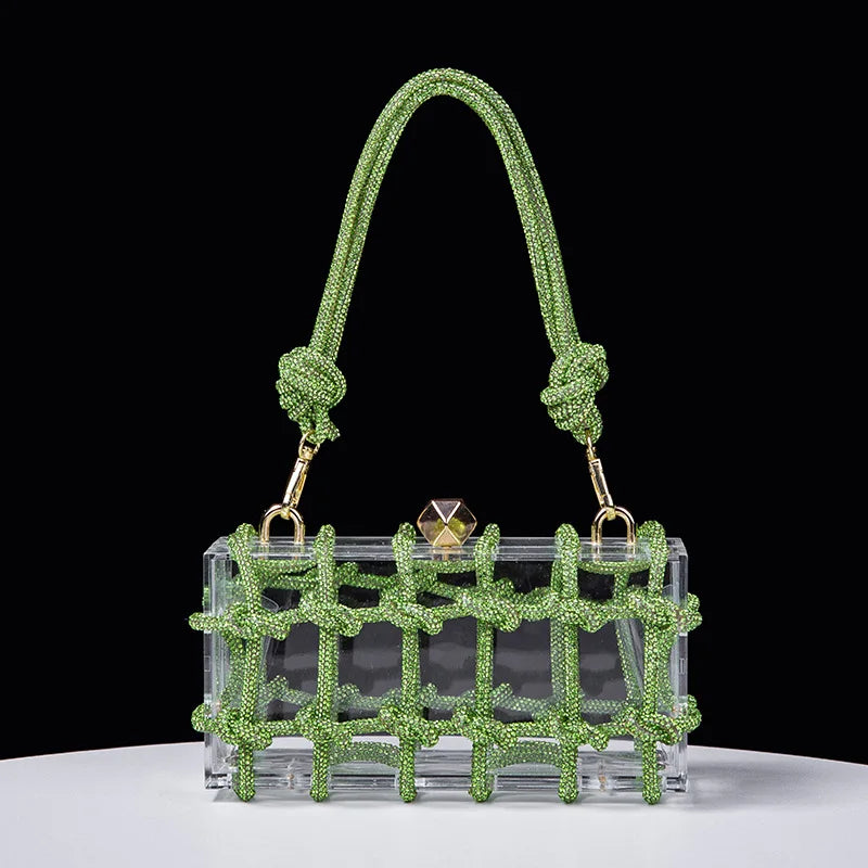 New Diamond Clear Acrylic Box Evening Clutch Bags Women Boutique Woven Knotted Rope Rhinestone Purses And Handbags Wedding Party