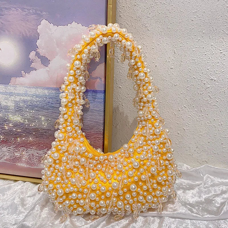 Capacity Simple Pearl Underarm Bag Solid Color Elegant Evening Bag Shopping Work Handbag