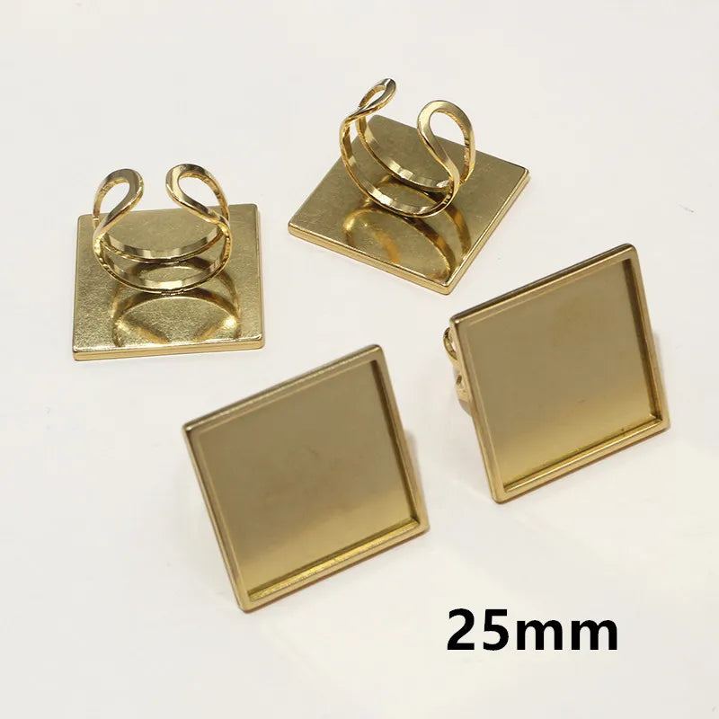 5pcs Stainless Steel Square Rectangle Thick Adjustable Ring Blank Base Settings ,Fit 12/20/25mm Cabochons DIY Rings Bezel Tray