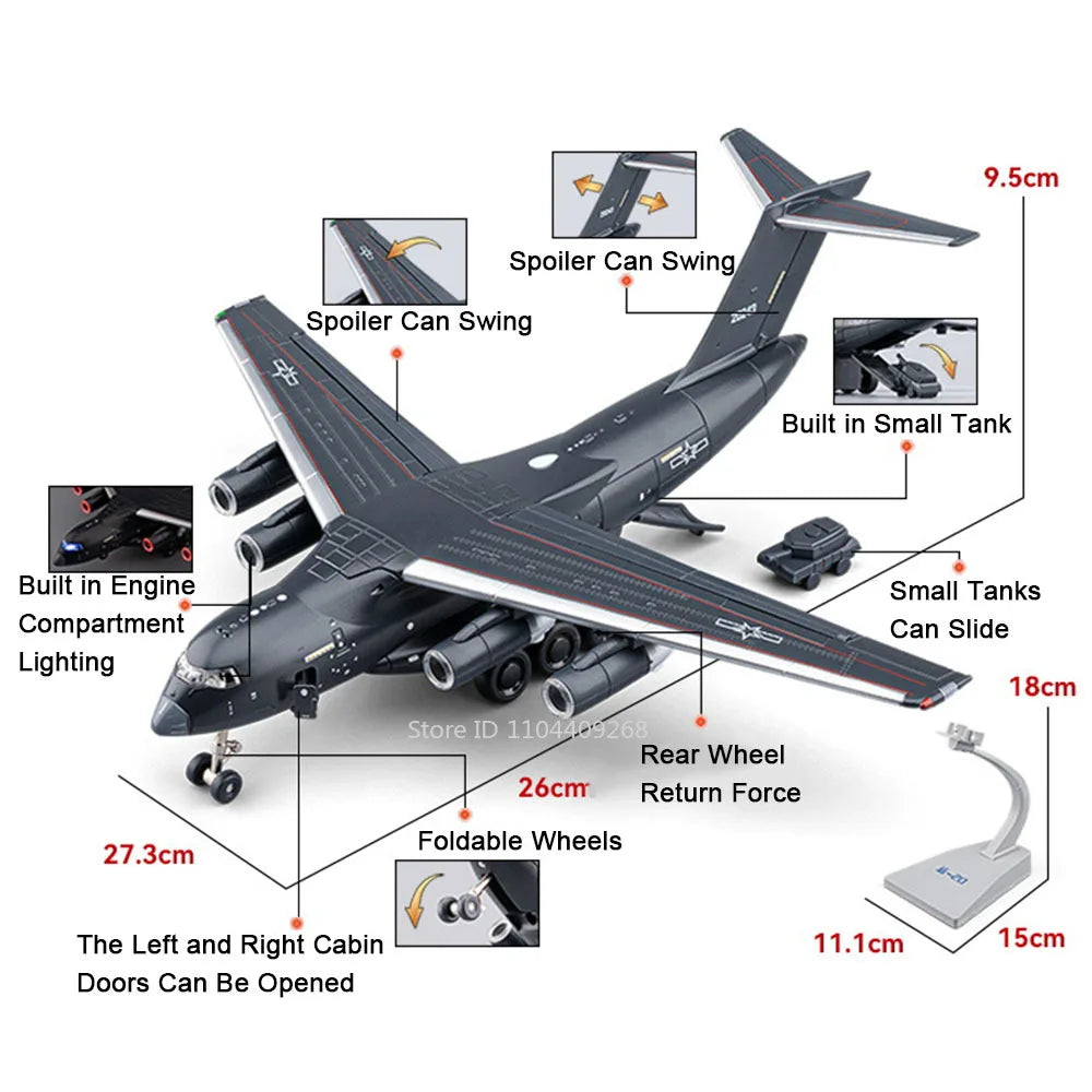 1:180 Y-20 Transport Plane Model Toy Car Music Light Pull Back Drop Resistant Combat Aircraft Military Models Ornaments Boy Gift
