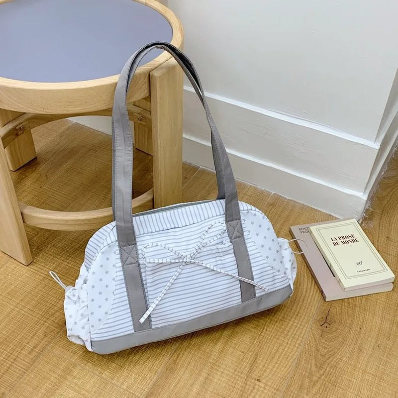 Women's Striped Star Print Shoulder Duffle Bag, Casual Handbag for Daily Outing Short Trip Gym