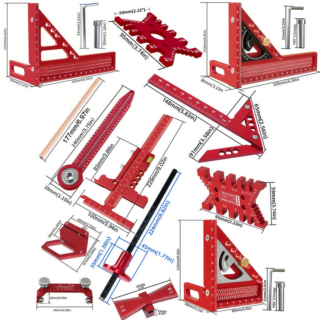 Aluminum Precision Woodworking Square Kit 6-10Pcs with Box,  Scribing Layout Ruler Quick Splicing DIY Woodworking Measuring Tool