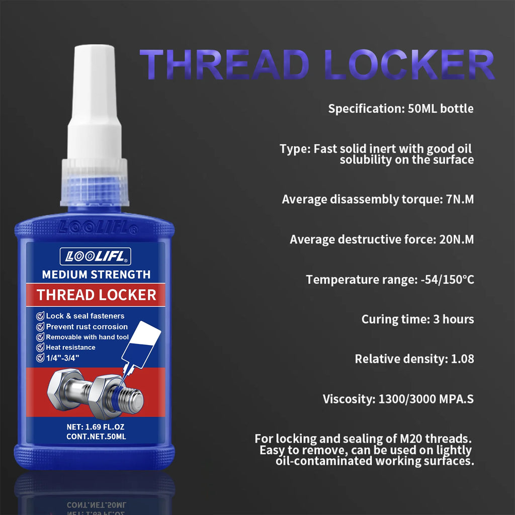 Threadlocker, Fast-Drying, Medium-Strength Screw Locking Agent, Anaerobic Adhesive, Anti-Loosening Screw Glue, Nut and Screw Fastening Adhesive, Removable