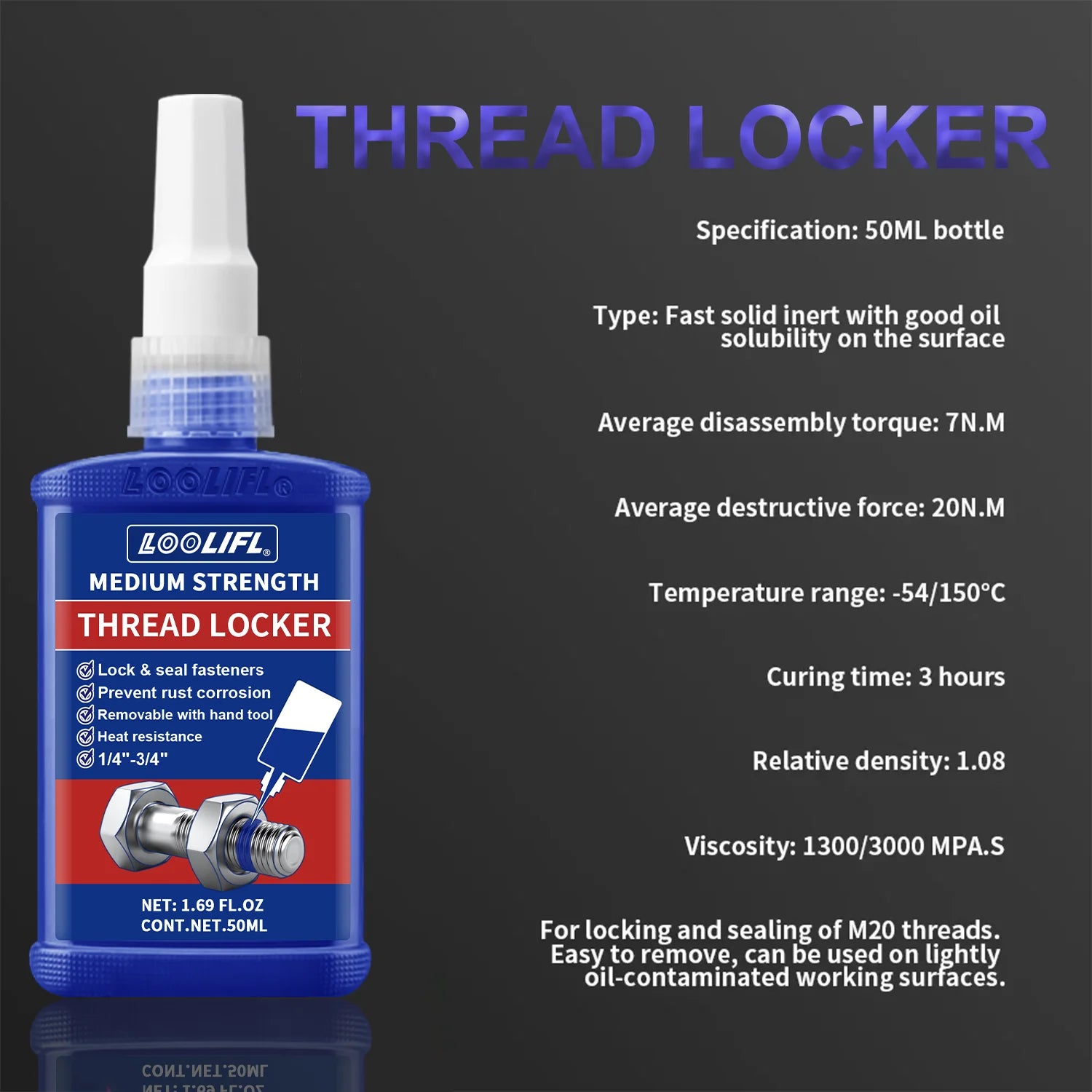 Threadlocker, Fast-Drying, Medium-Strength Screw Locking Agent, Anaerobic Adhesive, Anti-Loosening Screw Glue, Nut and Screw Fastening Adhesive, Removable