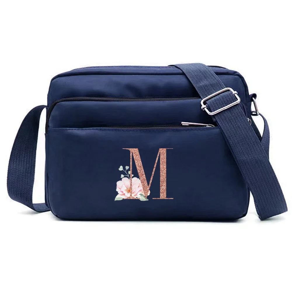 Large Capacity Travel and Commuting Storage Blue Bag Rose Gold Series Print Pattern Multi-layer One Shoulder Crossbody Bag