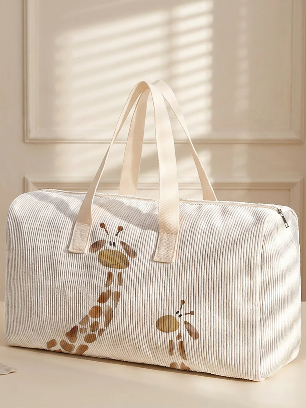 1pc, Two styles, Cute Giraffe Printed Corduroy Duffle Bag Portable Handbag suitable for Weekend Trip Sports Shopping