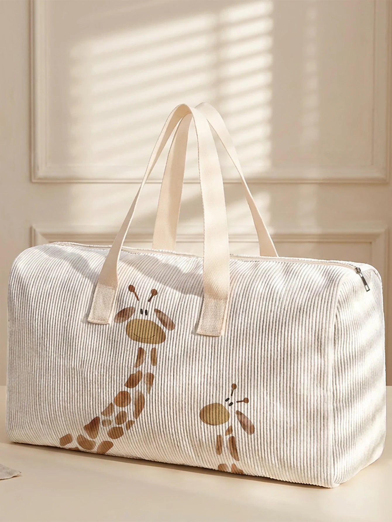 1pc, Two styles, Cute Giraffe Printed Corduroy Duffle Bag Portable Handbag suitable for Weekend Trip Sports Shopping