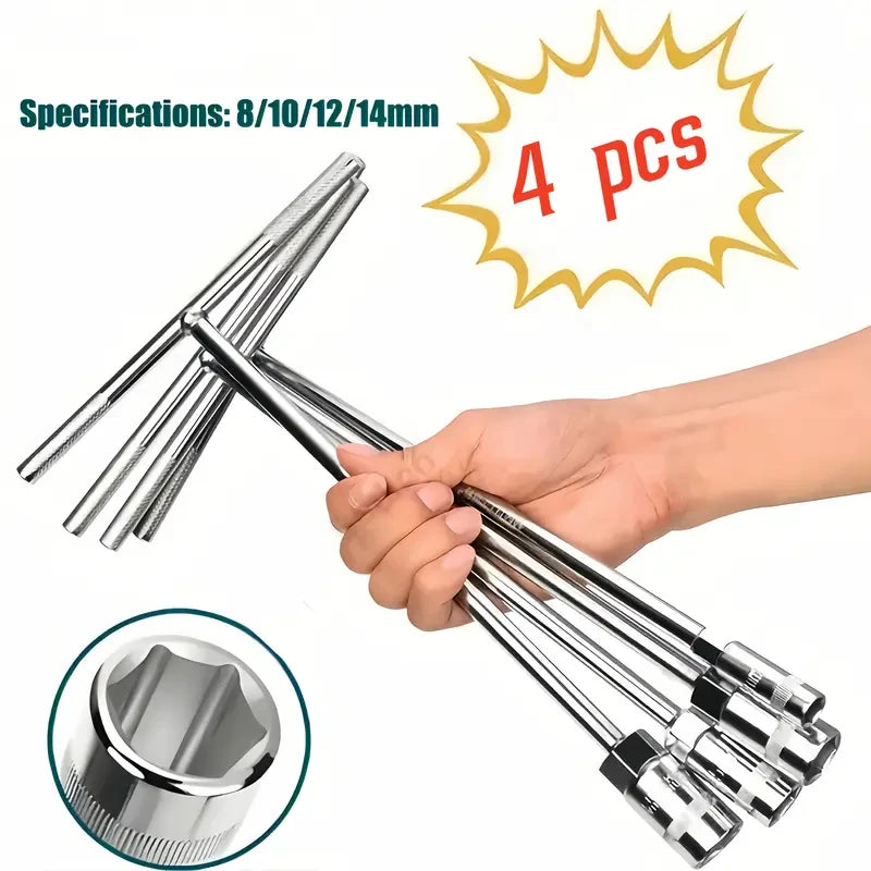 4pcs 8mm 10mm 12mm 14mm T-shaped Socket Wrench Outer Hexagon High Carbon Steel Ratchet Spanner Set Car & Motorcycle Repair Tools