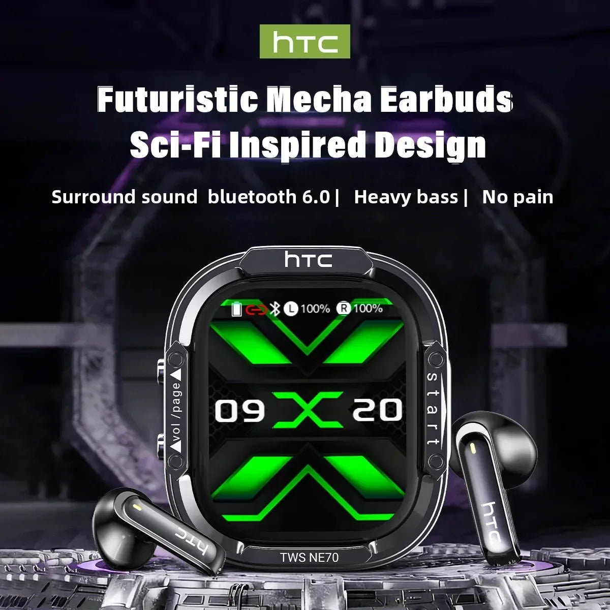 HTC NE70 Bluetooth Earphones Touch Screen TWS In-Ear Wireless Headphones AI Translator Noise Reduction Earbuds Game Heatset