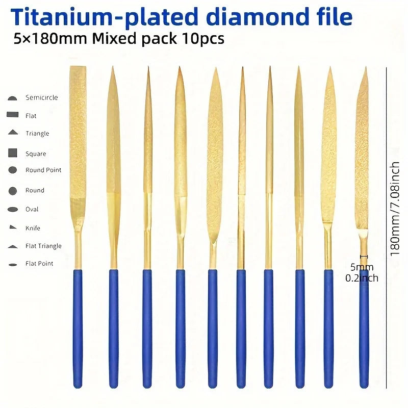 1Set Titanium-Plated Diamond File Set High Frequency Quenching Strong and Wear-Resistant - Industrial Grade