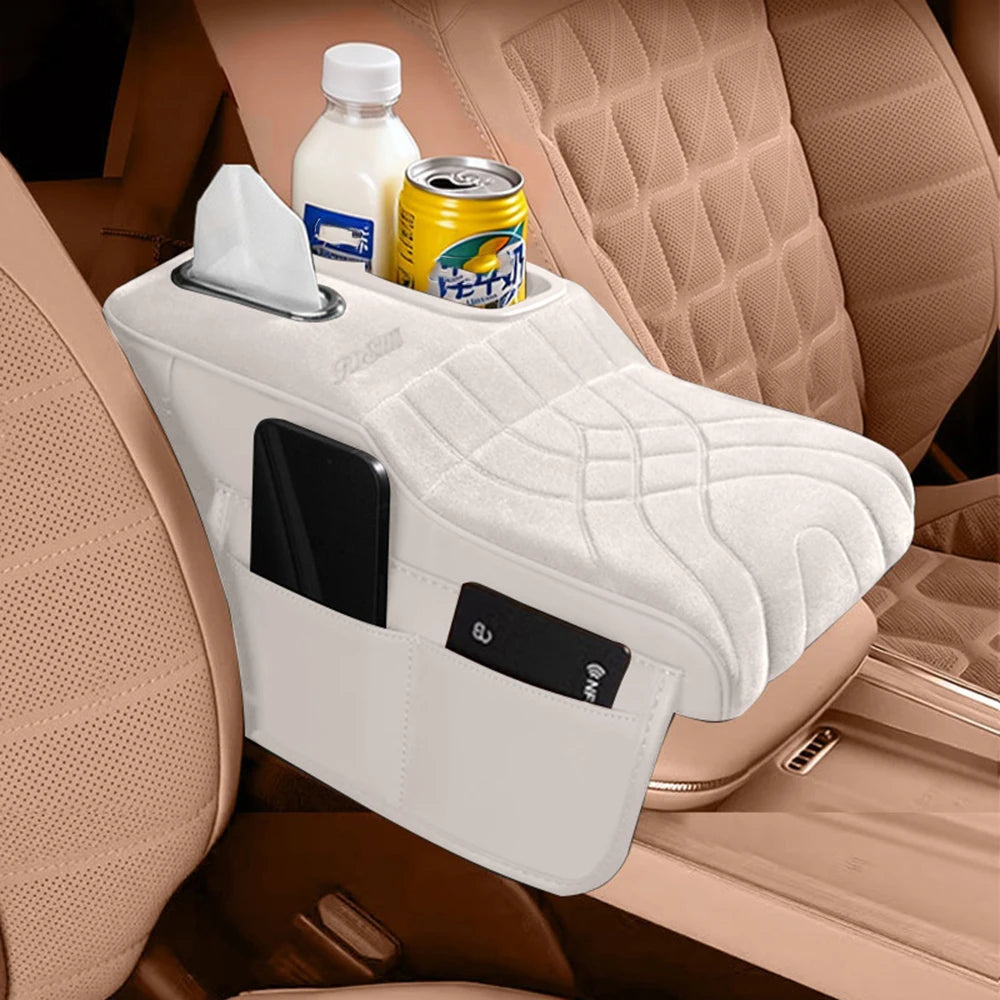 High-Low Style Suede fabric Car Armrest Box Cushion - an Armrest Cover with 2 Side Pockets, 2 Cup Holder,and 1 Tissue Box.