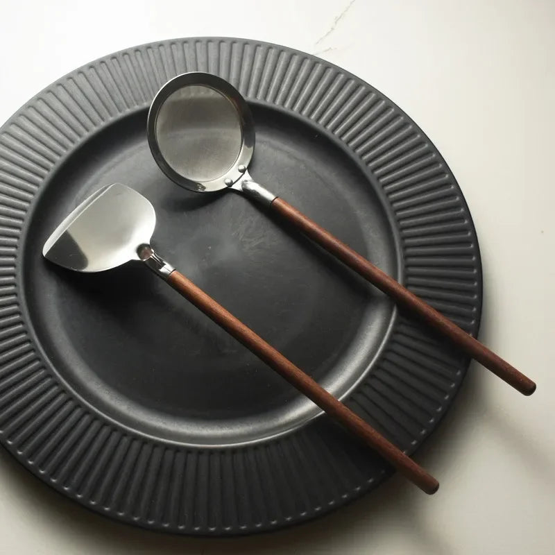 Japanese Wooden Handle Soup Spoon 304 Stainless Steel Mini Strainer Spoon Spatula Hot Pot Ladle Tableware Colander Cooking Tools