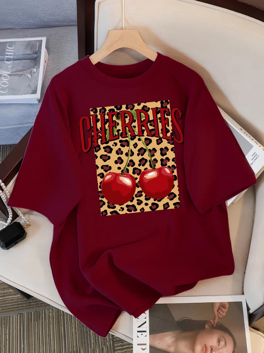 Plus Size Leopard Cherry Creative Design Womens Tee Shirts Casual T Shirt Summer O-Neck Streetwear Soft Oversized Short Sleeve