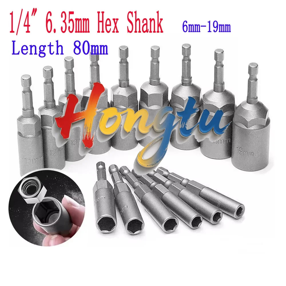 1Pcs 80mm Extra Deep Hex Nut Driver Bit Socket – 1/4" (6.35mm) Hex Shank, Metric 6mm-19mm for Impact Drill