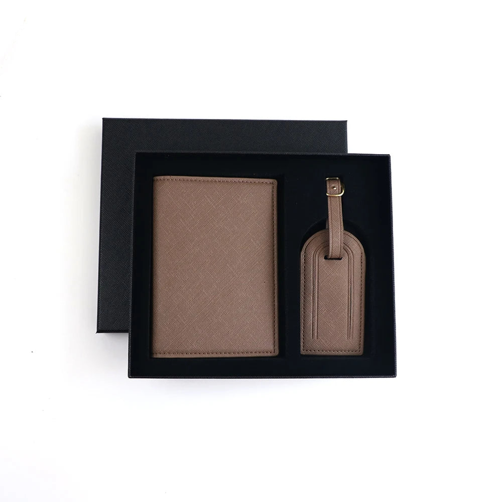 Customized name set, unisex Safiano PU leather passport holder and luggage tag gift box