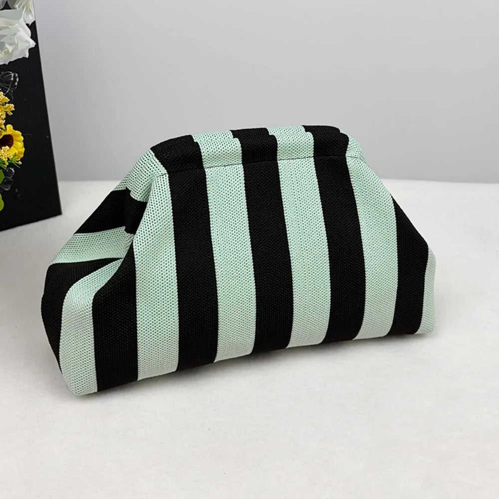 New bright-colored knit bag, thin striped fly-knit cloud, versatile elegant portable makeup bag, large-capacity handbag
