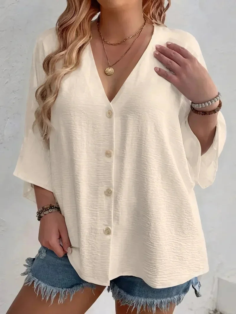 Plus-size Women's T-shirt Solid Color Breathable Spring/summer V-neck Button Travel Casual Wear with European and American Style