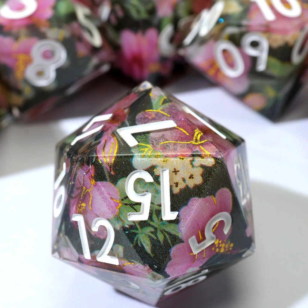 Enchanting DND Dice Set with Ocean Wave & Peach Blossom Designs-Perfect for Board Game,RPG & Tabletop Gaming Adventures-F2