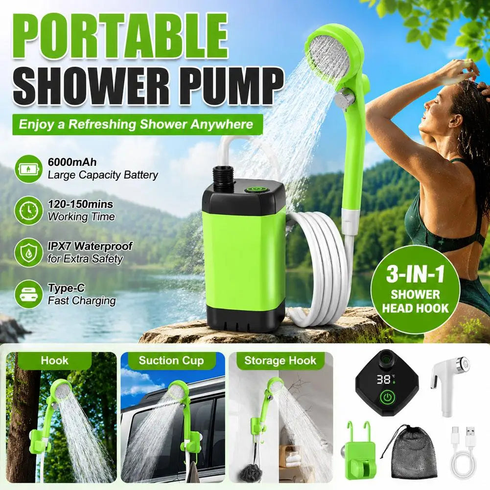 6000mAh Electric Camp Shower Full Screen Portable Pump for Outdoor Shower Car Cleaning Tool Set