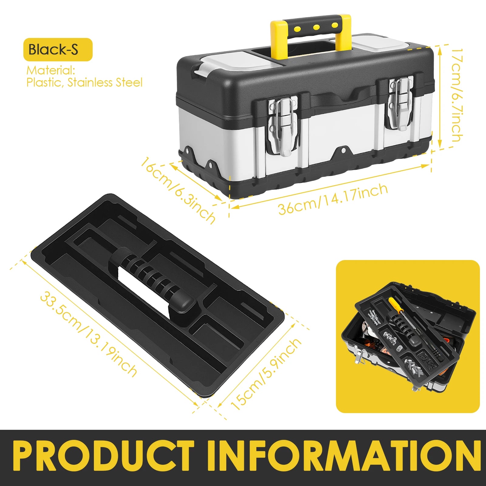Portable Tool Box Heavy Duty Plastic and Stainless Steel Tool Storage Case with Removable Tray for Electrician Auto Repair