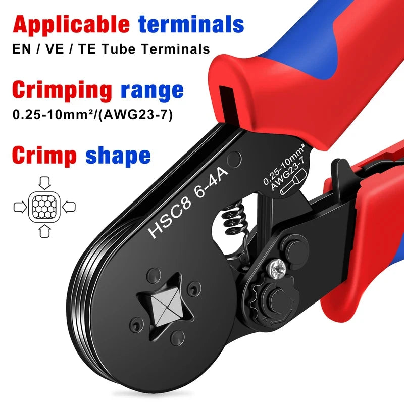 HSC8 6-4A Ferrule Crimper Plier 0.25-10mm² AWG23-7, Self-Adjustable Ratchet Crimping Tool for Wire End Ferrules