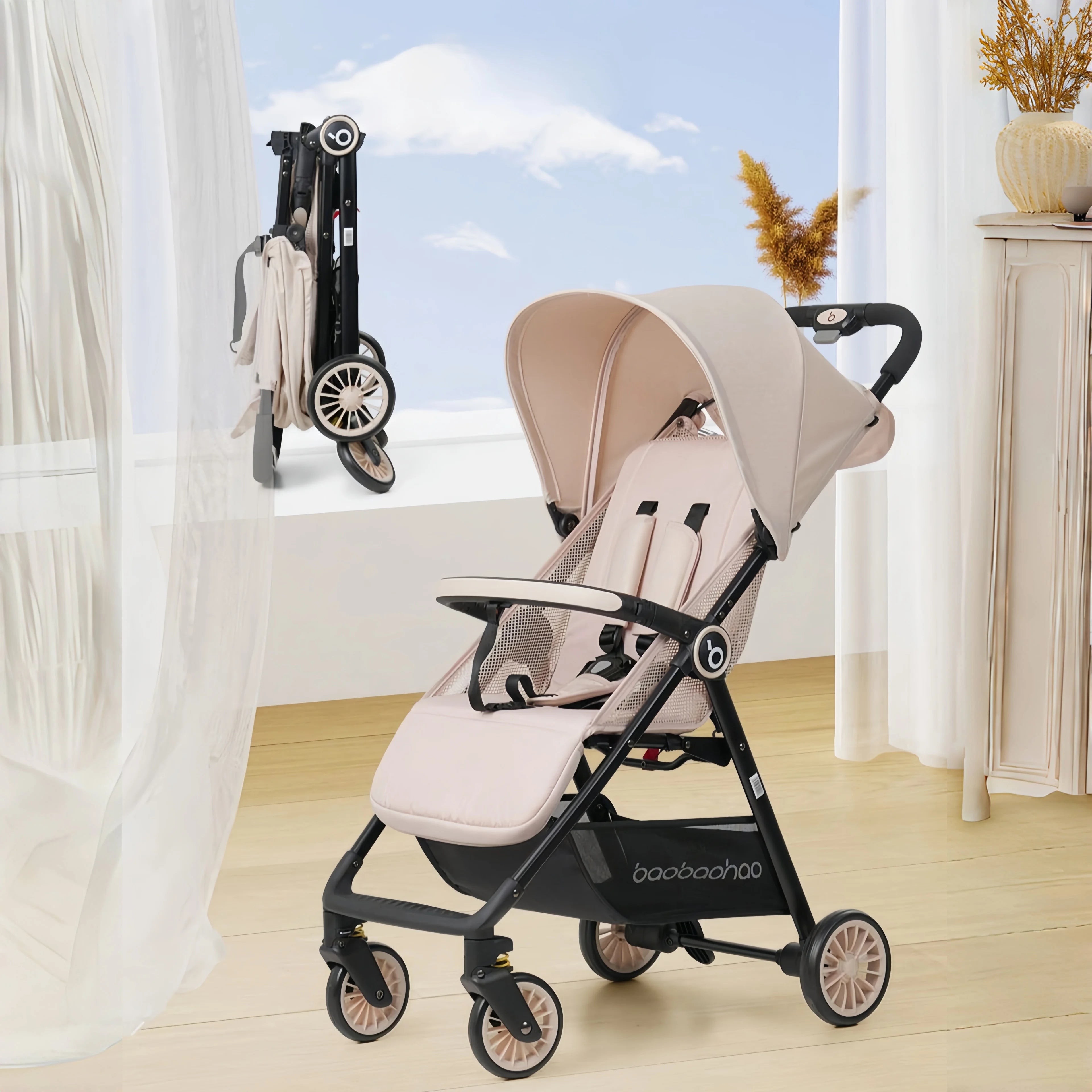 Baby stroller is lightweight, foldable, can sit or lie down, portable baby stroller with mesh design, cool and breathable