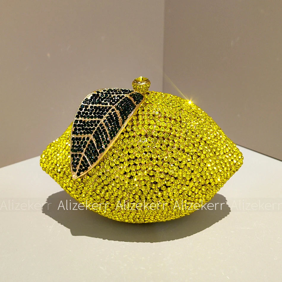 Alizekerr Lemon Shaped Diamond Evening Bags Women Gorgeous Unique Bling Rhinestone Metallic Purses And Handbags Wedding Party
