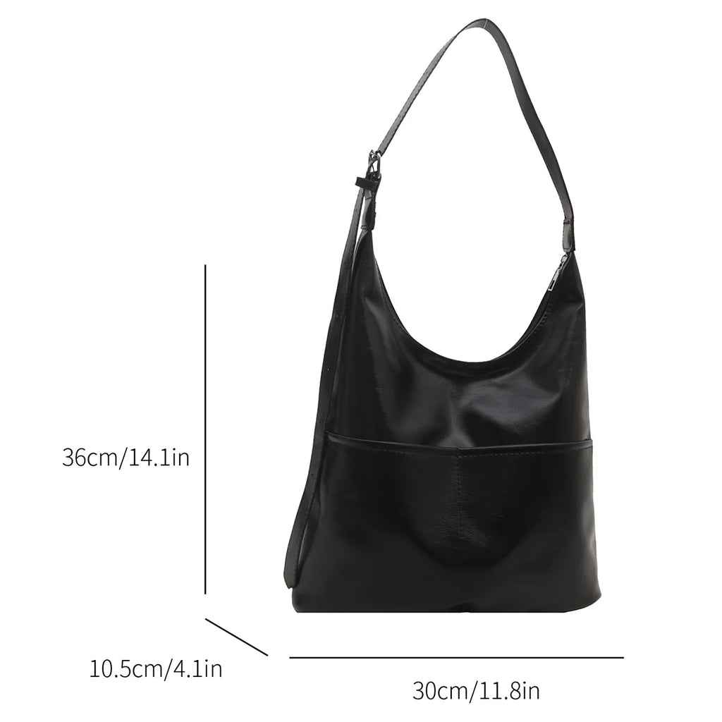 Retro Women Shoulder Bag Solid Quilted Tote Bag Waxed PU Leather Large Capacity Crossbody Bag for Daily Commute Shopping
