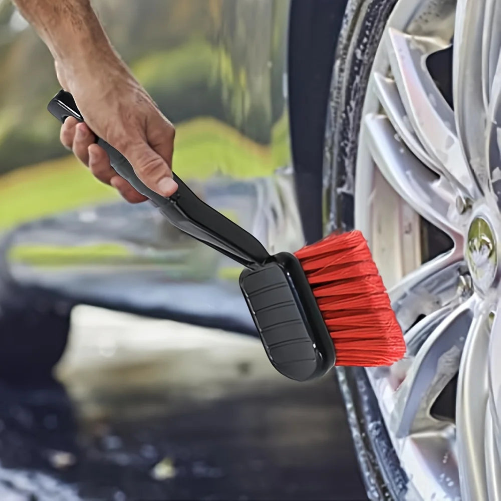 1Pc Soft Bristle Car Wash Brush - Long Handle Tire & Body Cleaning Tool With Red Head For Wheel Hubs