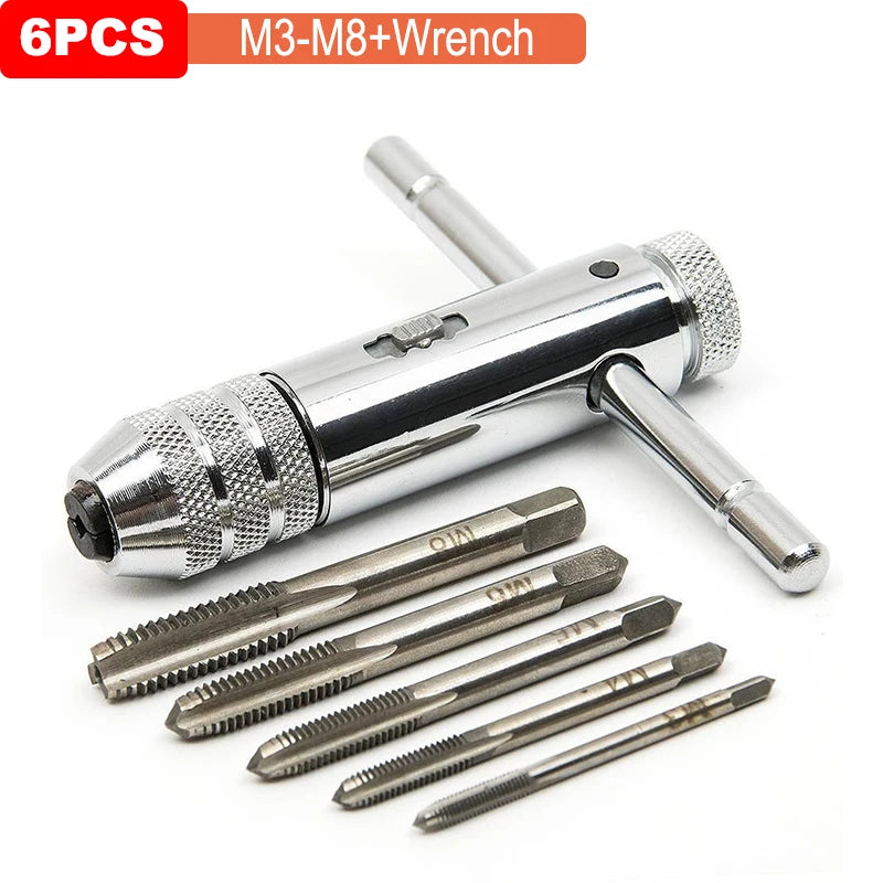 Adjustable Silver T-Handle Ratchet Tap Holder Wrench Set Hand Tools with 5pc M3-M8 Machine Screw Thread Metric Plug T-shaped Tap