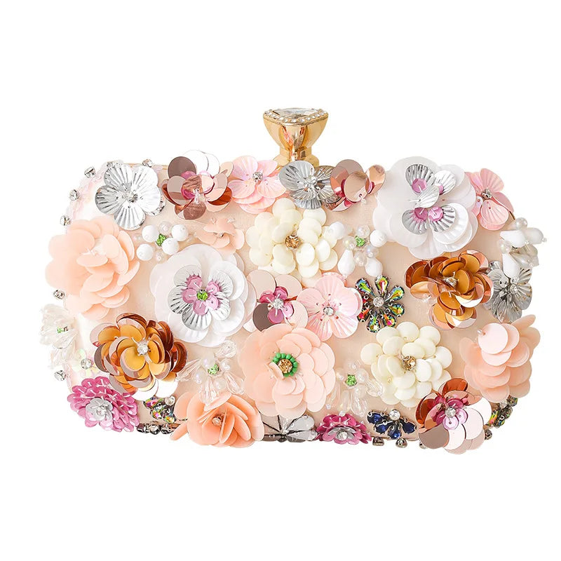 Floral Evening Dinner Handbag Beaded Flower Clutch Bag Metal Chain Crossbody Bag Banquet Handbag Wedding Prom Purse Dropship