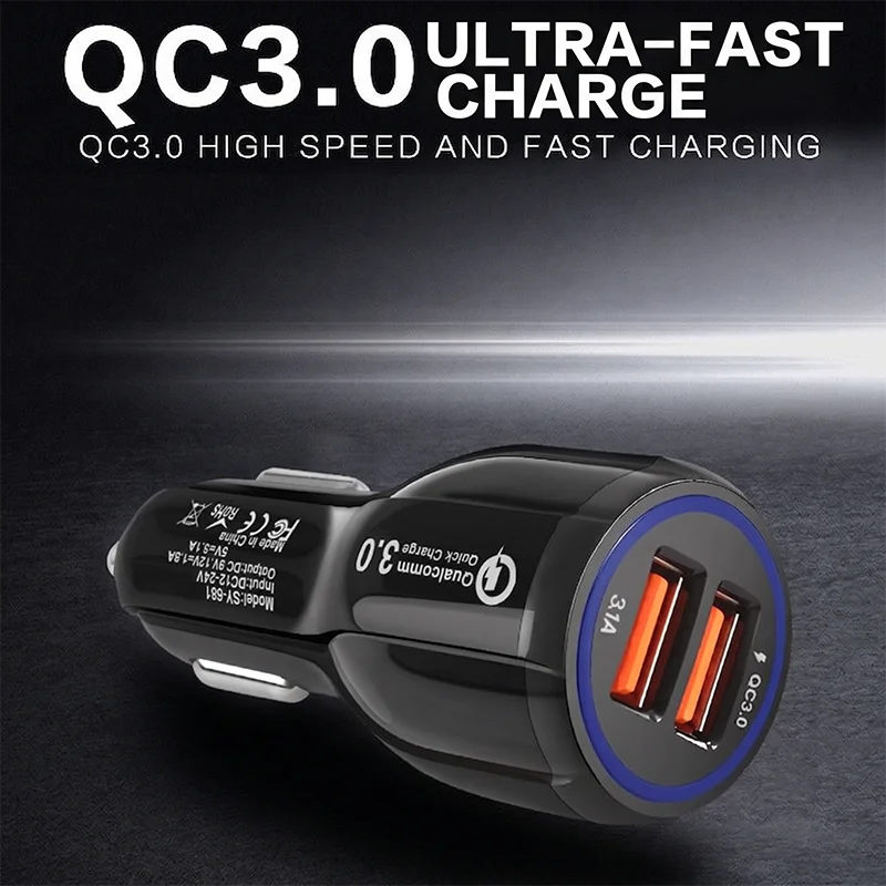 Smart Dual USB Car Charger QC 3.0 3.1A Fast Charging Adapter For iPhone For Samsung And Tablet Universal Car Power Android Phone