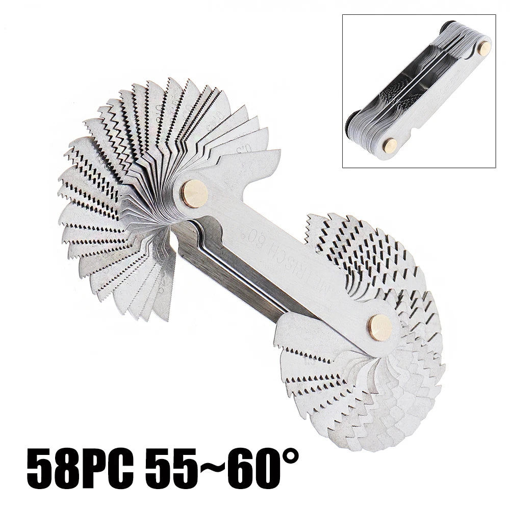 55-60 Degree Stainless Steel Screw Gauge Metric Inch US Thread Plug Gauge Gear Tooth Thread Pitch Folding Measuring Tool