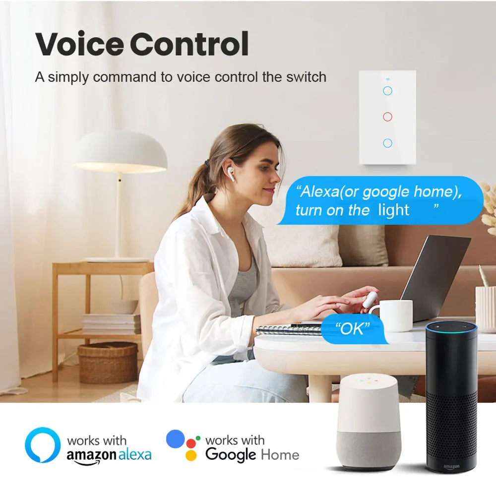 Tuya WiFi Smart Light Switch RF433 No Neutral Wire Required Wall Touch Sensor Switch Voice Control Work with Alexa Google Home 4
