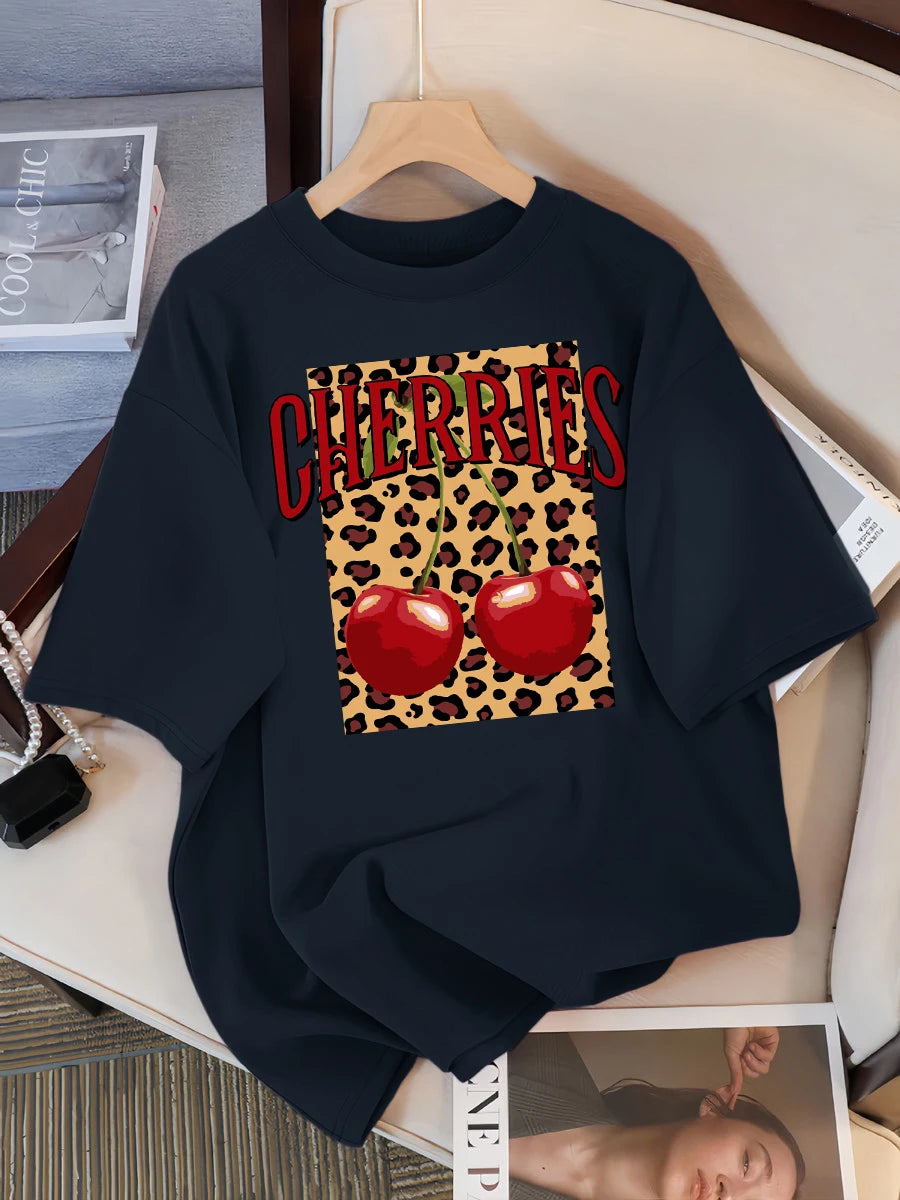 Plus Size Leopard Cherry Creative Design Womens Tee Shirts Casual T Shirt Summer O-Neck Streetwear Soft Oversized Short Sleeve