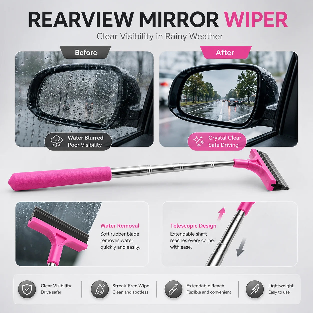 Telescopic Auto Rearview Wiper Glass Mist Cleaner Scraper Retractable Rain Water Remover Tool Window Brush Car Gadget