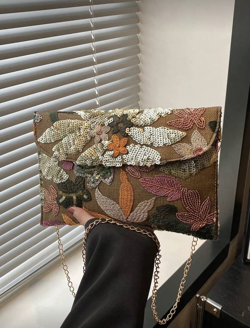 Sequin Embroidered Floral Envelope Bag, Women's Fashionable Sequin Patchwork Clutch Bag, Party Evening Bag, Irregular Cut Design, Suitable for Women, Ideal for Parties, Weddings, Balls, Perfect for Parties, Weddings, Ball Din