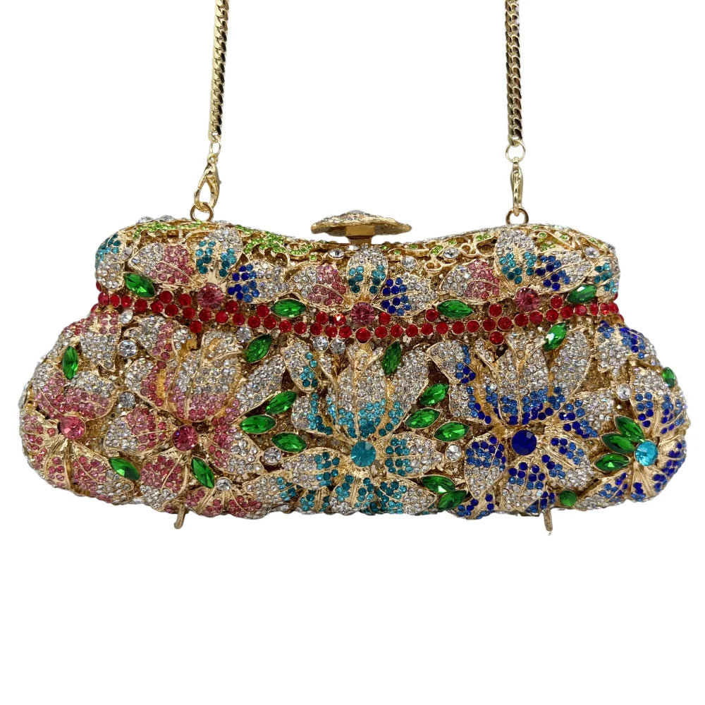 High Quality Flower Hollow Diamond Wedding Dinner Ladies Diamond Chain Bag Evening Bag