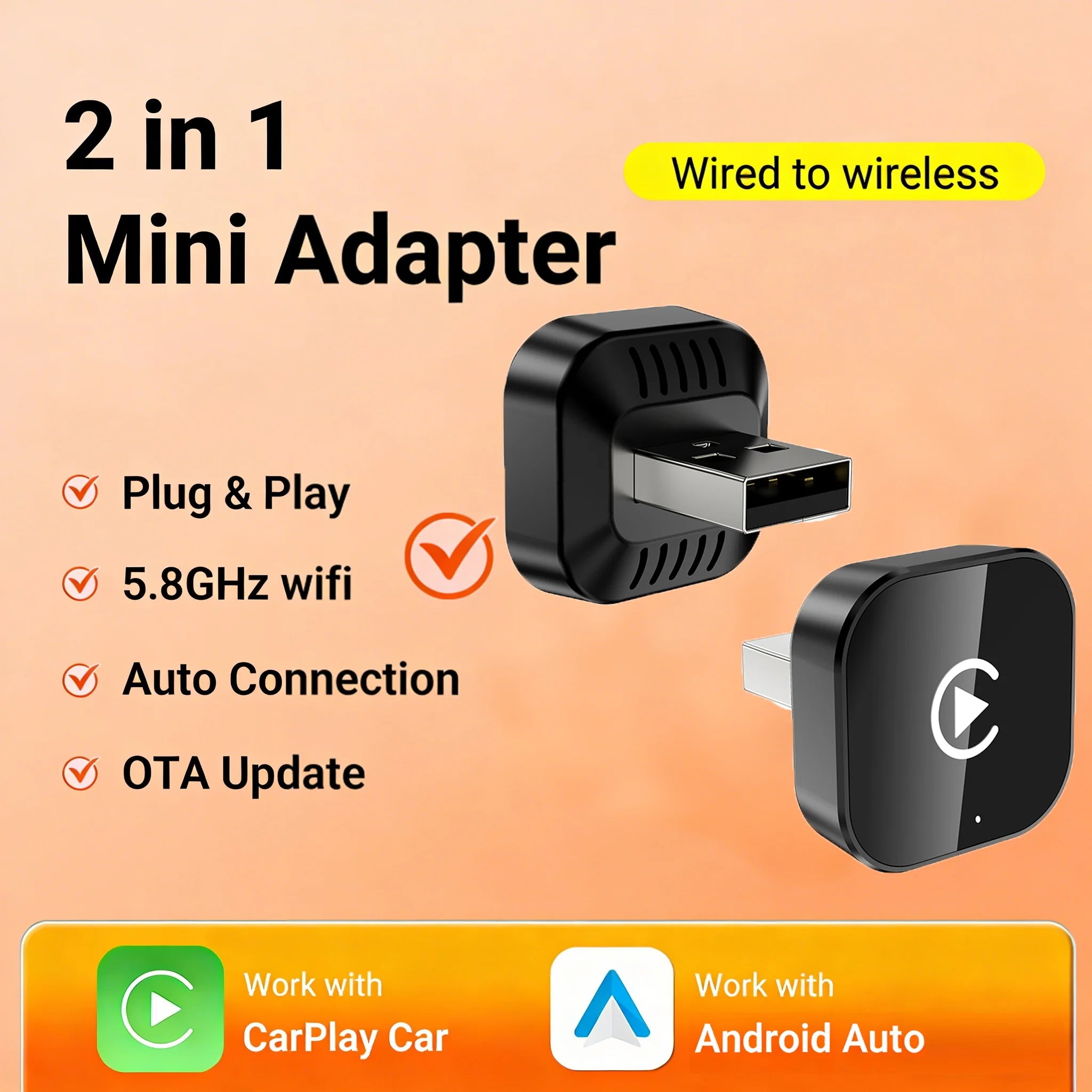 2026 2IN1 Wireless CarPlay Android Auto USB Adapter Mini Dongle Smart Box Plug Play For VW Toyota Nissan Honda Ford Benz Mazda