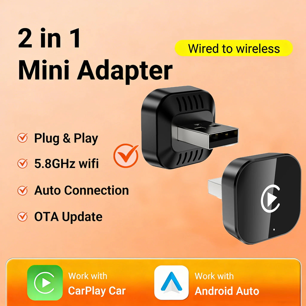 2IN1 Wireless CarPlay Android Auto USB Adapter Mini Dongle Smart Box Plug Play For VW Toyota Nissan Honda Ford Benz Mazda