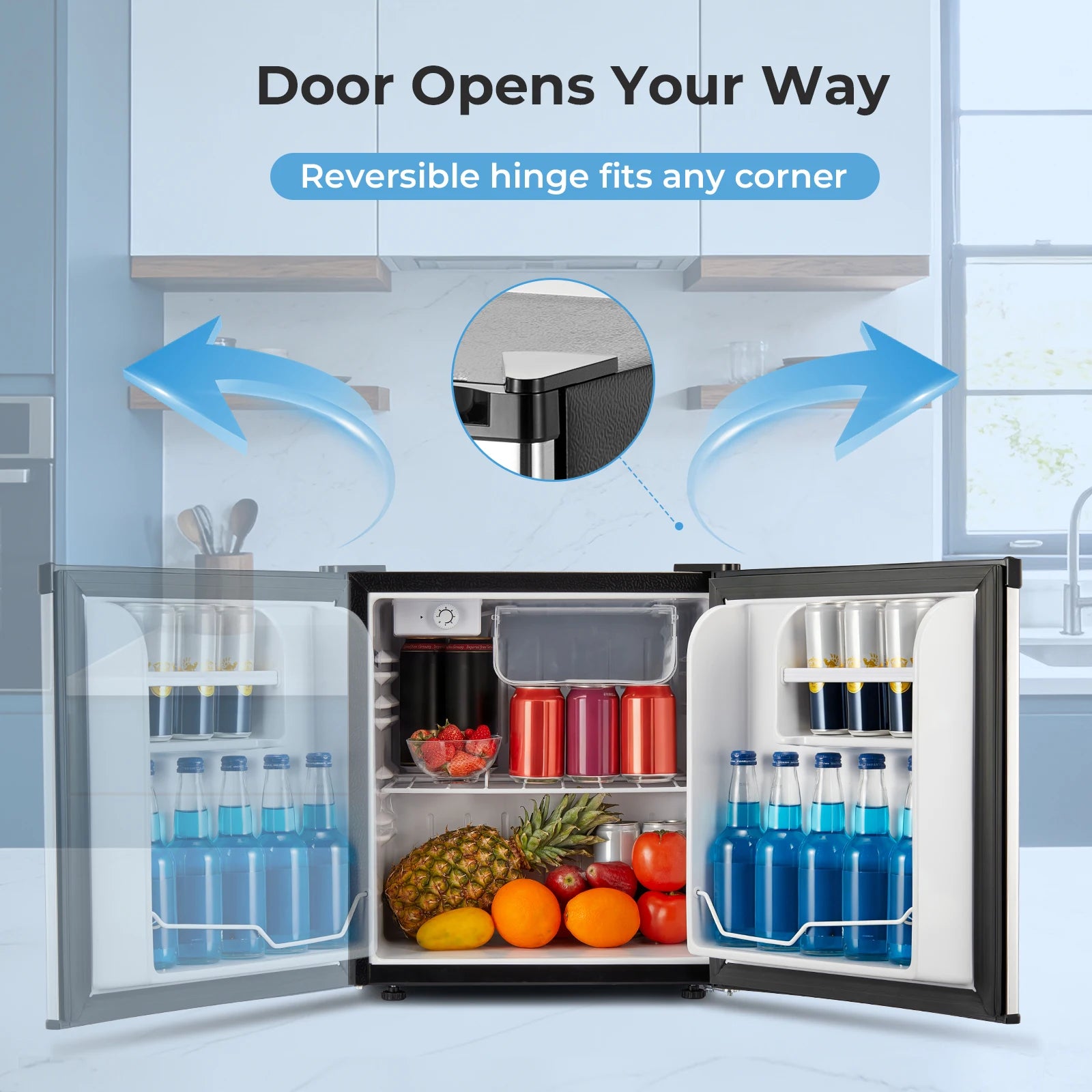 Mini Fridge 1.6 Cu.ft, Compact Small Drinks Refrigerator, Energy E, Adjustable Thermostat, Apartment, Bedroom, Stainless Steel