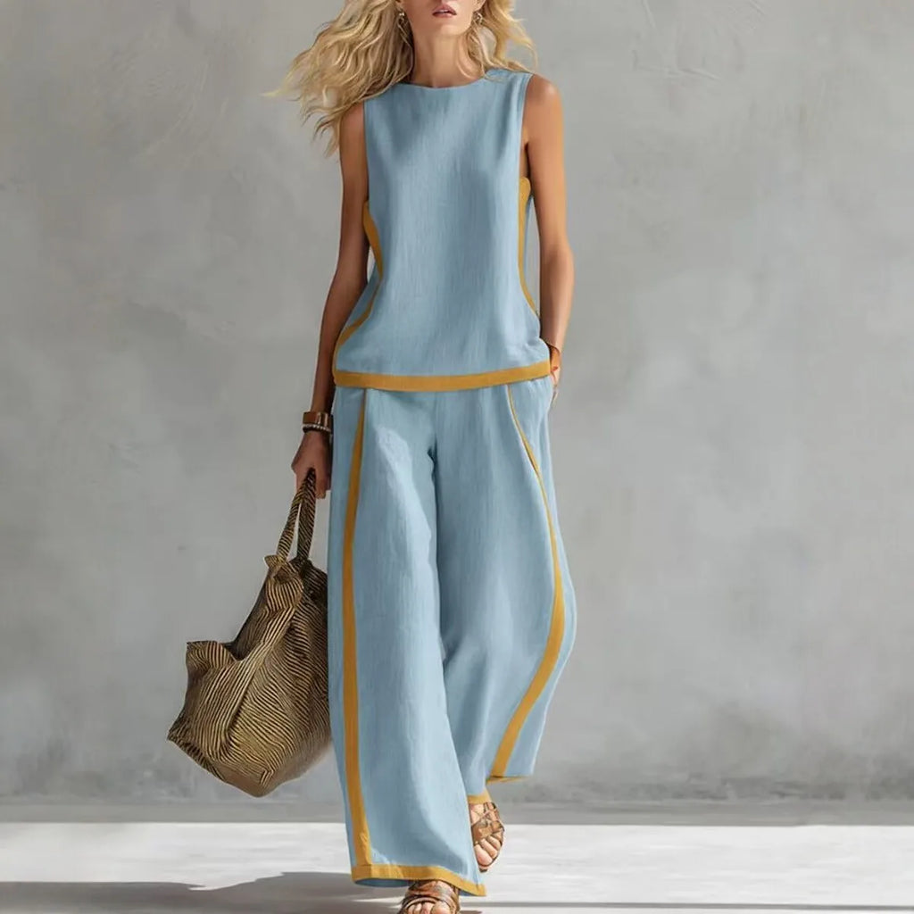 Simple Stripe Print Women's Suits Summer Fashion Sleeveless Loose Blouse Wide Leg Pants Two Piece Set For Women Casual Outfits