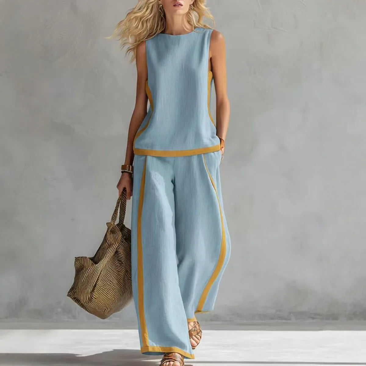 Simple Stripe Print Women's Suits Summer Fashion Sleeveless Loose Blouse Wide Leg Pants Two Piece Set For Women Casual Outfits
